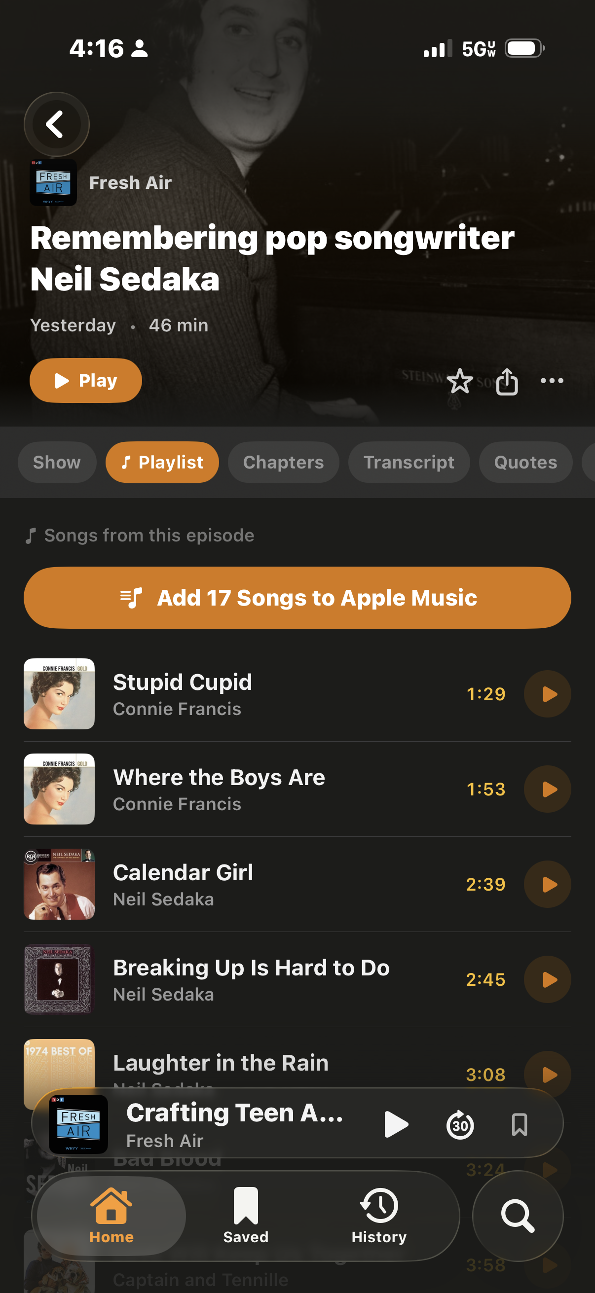 Playlist tab showing 17 songs extracted from a Fresh Air episode about Neil Sedaka, with Add to Apple Music button