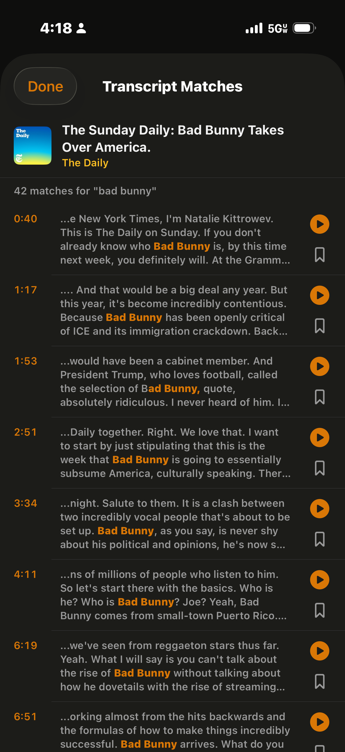 Transcript search results for Bad Bunny in The Daily, showing 42 matches with highlighted text and timestamps
