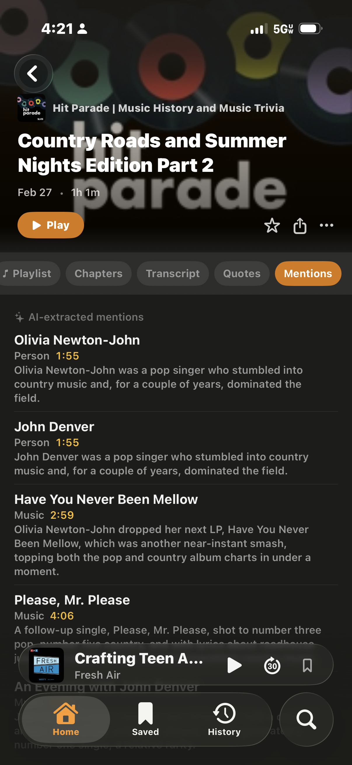 Mentions tab showing extracted people (Olivia Newton-John, John Denver) and songs from a Hit Parade episode